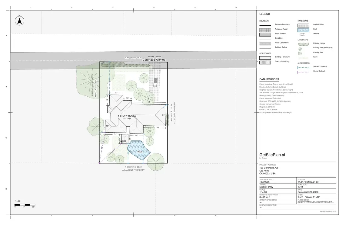 Site plan preview for 108 Coronado Ave, Los Altos, CA